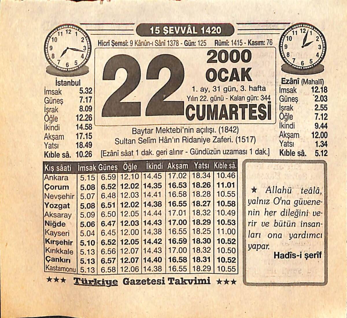 22 Ocak 2000 Takvim Yaprağı - Doğum Günü Hediyesi EFM(N)13207 - 1