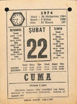 22 Şubat 1974 Takvim Yaprağı - Doğum Günü Hediyesi EFM(N)12307 - 1