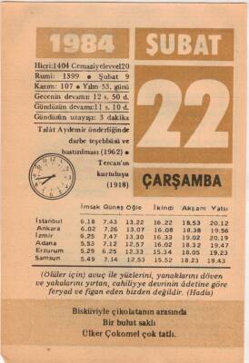 22 Şubat 1984 Takvim Yaprağı EFM(N)5345 - 1