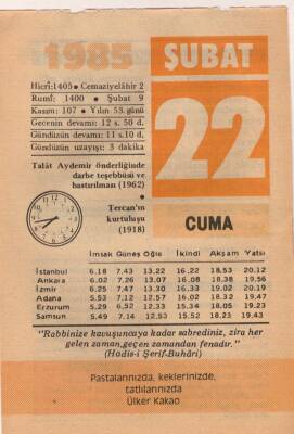 22 Şubat 1985 Takvim Yaprağı EFM(N)5148 - 1