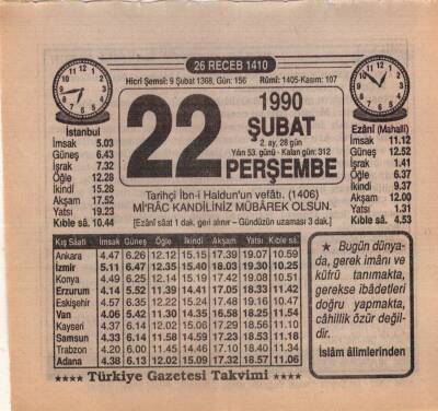 22 Şubat 1990 Takvim Yaprağı EFM(N)5205 - 1