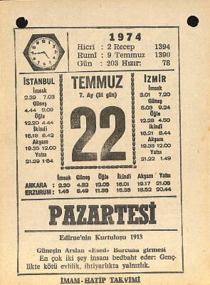 22 Temmuz 1974 Takvim Yaprağı - Doğum Günü Hediyesi EFM(N)12109 - 1