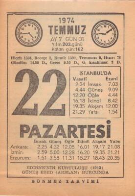 22 Temmuz 1974 Takvim Yaprağı EFM(N)2091 - 3