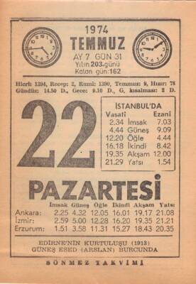 22 Temmuz 1974 Takvim Yaprağı EFM(N)2091 - 1