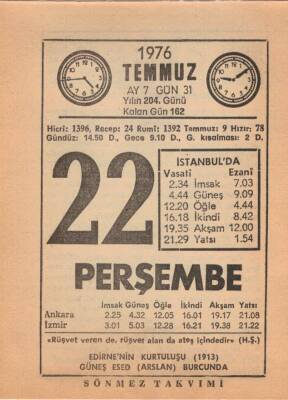 22 Temmuz 1976 Takvim Yaprağı EFM(N)2092 - 2