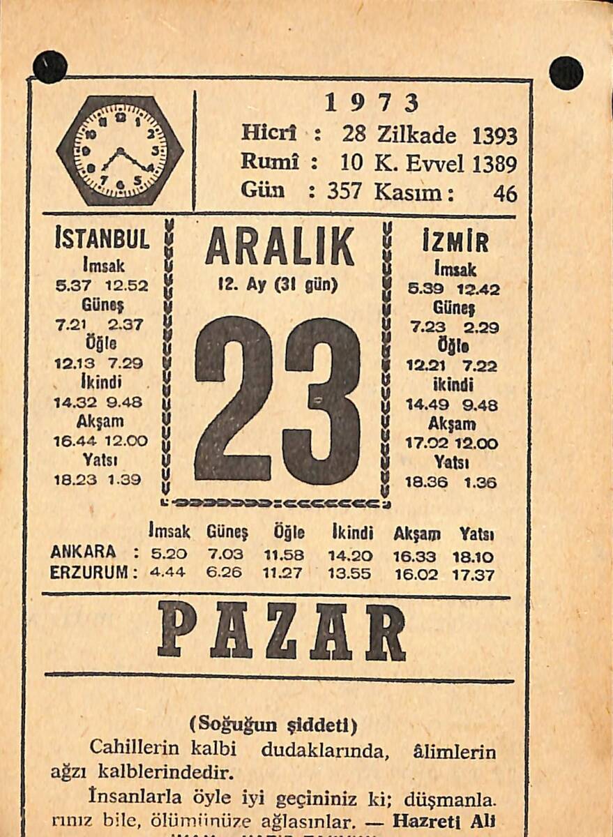 23 Aralık 1973 Takvim Yaprağı - Doğum Günü Hediyesi EFMN13664 - 1