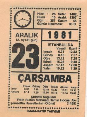 23 Aralık 1981 Takvim Yaprağı EFM(N)4428 - 3