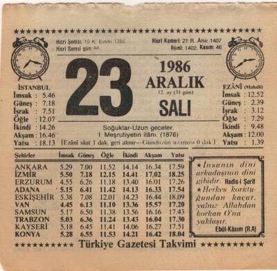 23 Aralık 1986 Takvim Yaprağı EFM(N)4335 - 3