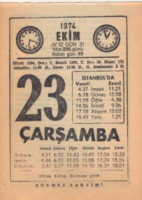 23 Ekim 1974 Takvim Yaprağı EFM(N)2993 - 3