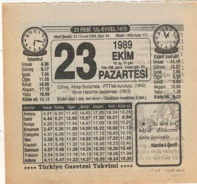 23 Ekim 1989 Takvim Yaprağı EFM(N)3117 - 3