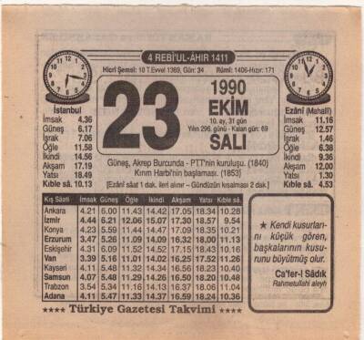 23 Ekim 1990 Takvim Yaprağı EFM(N)3148 - 3