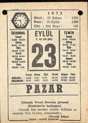 23 Eylül 1973 Takvim Yaprağı - Doğum Günü Hediyesi EFM(N)9869 - 1