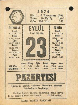 23 Eylül 1974 Takvim Yaprağı - Doğum Günü Hediyesi EFM(N)12350 - 1