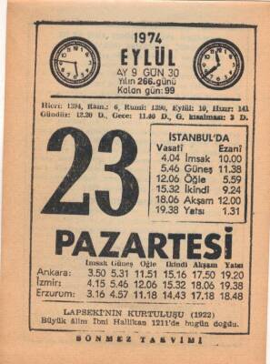 23 Eylül 1974 Takvim Yaprağı EFM(N)2810 - 3