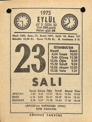 23 Eylül 1975 Takvim Yaprağı - Doğum Günü Hediyesi EFM(N)12523 - 1