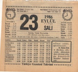 23 Eylül 1986 Takvim Yaprağı EFM(N)2844 - 4