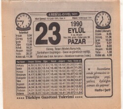 23 Eylül 1990 Takvim Yaprağı EFM(N)2878 - 3