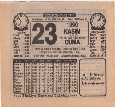 23 Kasım 1990 Takvim Yaprağı EFM(N)3937 - 3