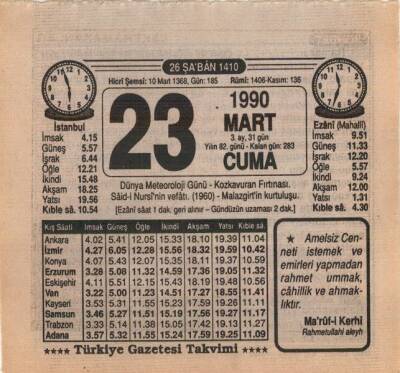 23 Mart 1990 Takvim Yaprağı EFM(N)5995 - 3