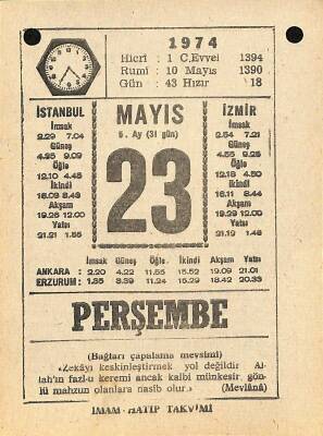 23 Mayıs 1974 Takvim Yaprağı - Doğum Günü Hediyesi EFM(N)11985 - 1