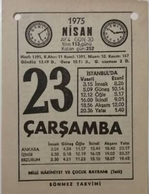 23 Nisan 1975 Takvim Yaprağı - Doğum Günü Hediyesi EFM(N)8150 - 2