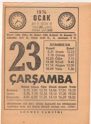 23 Ocak 1974 Takvim Yaprağı EFM(N)4886 - 1