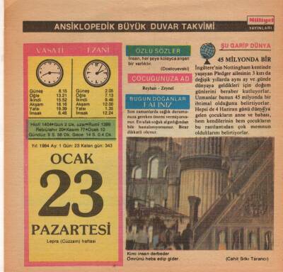 23 Ocak 1984 Takvim Yaprağı EFM(N)4638 - 1