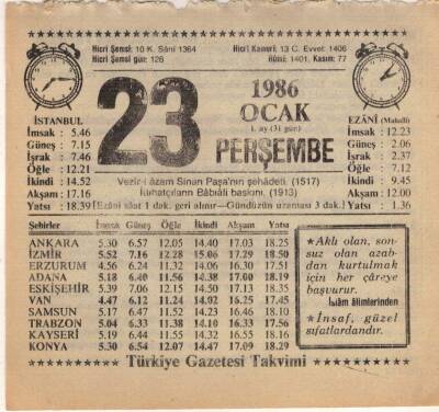 23 Ocak 1986 Takvim Yaprağı EFM(N)5041 - 1