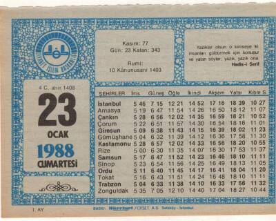 23 Ocak 1988 Takvim Yaprağı EFM(N)4917 - 1