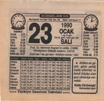 23 Ocak 1990 Takvim Yaprağı EFM(N)4700 - 1