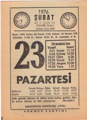 23 Şubat 1976 Takvim Yaprağı EFM(N)5289 - 1