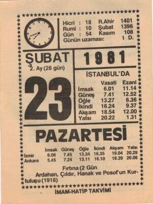 23 Şubat 1981 Takvim Yaprağı EFM(N)5430 - 1