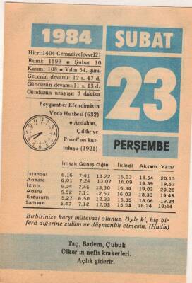 23 Şubat 1984 Takvim Yaprağı EFM(N)5346 - 1