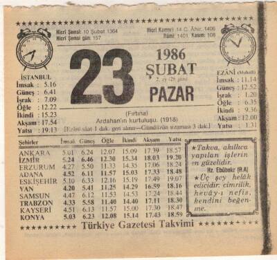 23 Şubat 1986 Takvim Yaprağı EFM(N)5234 - 1