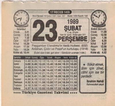 23 Şubat 1989 Takvim Yaprağı EFM(N)5375 - 1