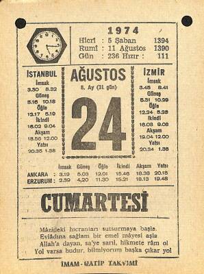 24 Ağustos 1974 Takvim Yaprağı - Doğum Günü Hediyesi EFM(N)12181 - 1