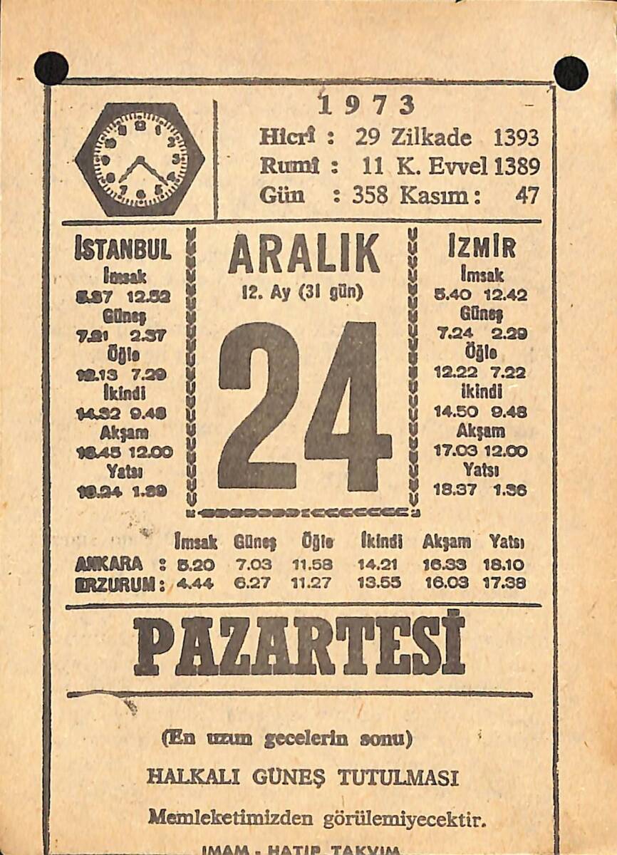 24 Aralık 1973 Takvim Yaprağı - Doğum Günü Hediyesi EFMN13663 - 1