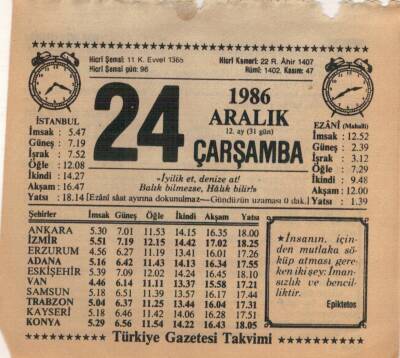 24 Aralık 1986 Takvim Yaprağı EFM(N)4336 - 3