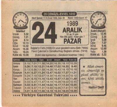 24 Aralık 1989 Takvim Yaprağı EFM(N)4214 - 2