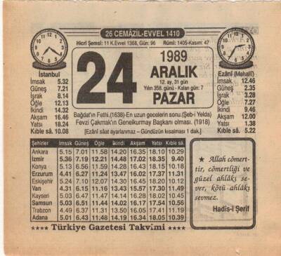 24 Aralık 1989 Takvim Yaprağı EFM(N)4214 - 1