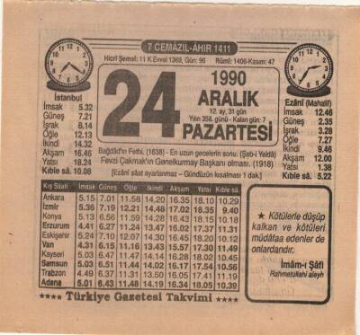 24 Aralık 1990 Takvim Yaprağı EFM(N)4152 - 3