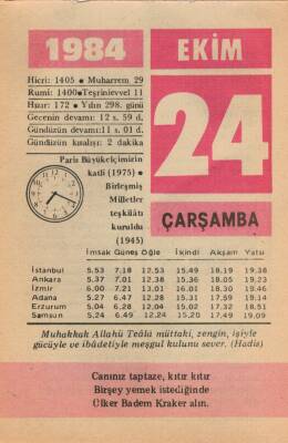 24 Ekim 1984 Takvim Yaprağı EFM(N)3025 - 2