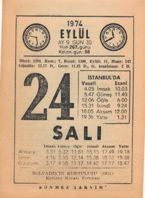 24 Eylül 1974 Takvim Yaprağı EFM(N)2811 - 3