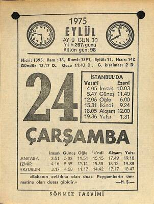 24 Eylül 1975 Takvim Yaprağı - Doğum Günü Hediyesi EFM(N)12522 - 1