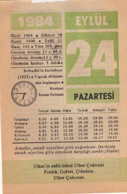 24 Eylül 1984 Takvim Yaprağı EFM(N)2794 - 3