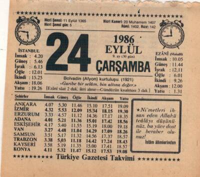 24 Eylül 1986 Takvim Yaprağı EFM(N)2845 - 4