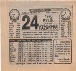 24 Eylül 1990 Takvim Yaprağı EFM(N)2879 - 3