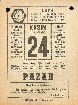 24 Kasım 1974 Takvim Yaprağı - Doğum Günü Hediyesi EFM(N)10786 - 3