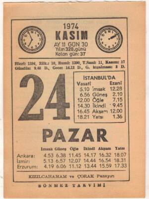 24 Kasım 1974 Takvim Yaprağı EFM(N)3334 - 2