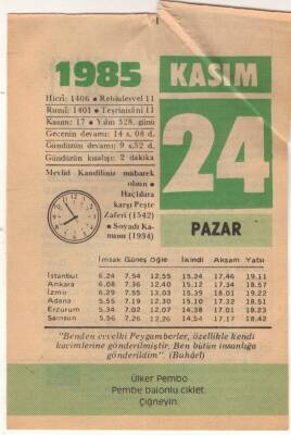 24 Kasım 1985 Takvim Yaprağı EFM(N)3394 - 3